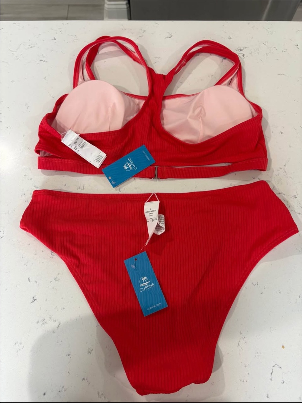 Cupshe Vibrant Red Ribbed High-Waist Bikini Set NWT